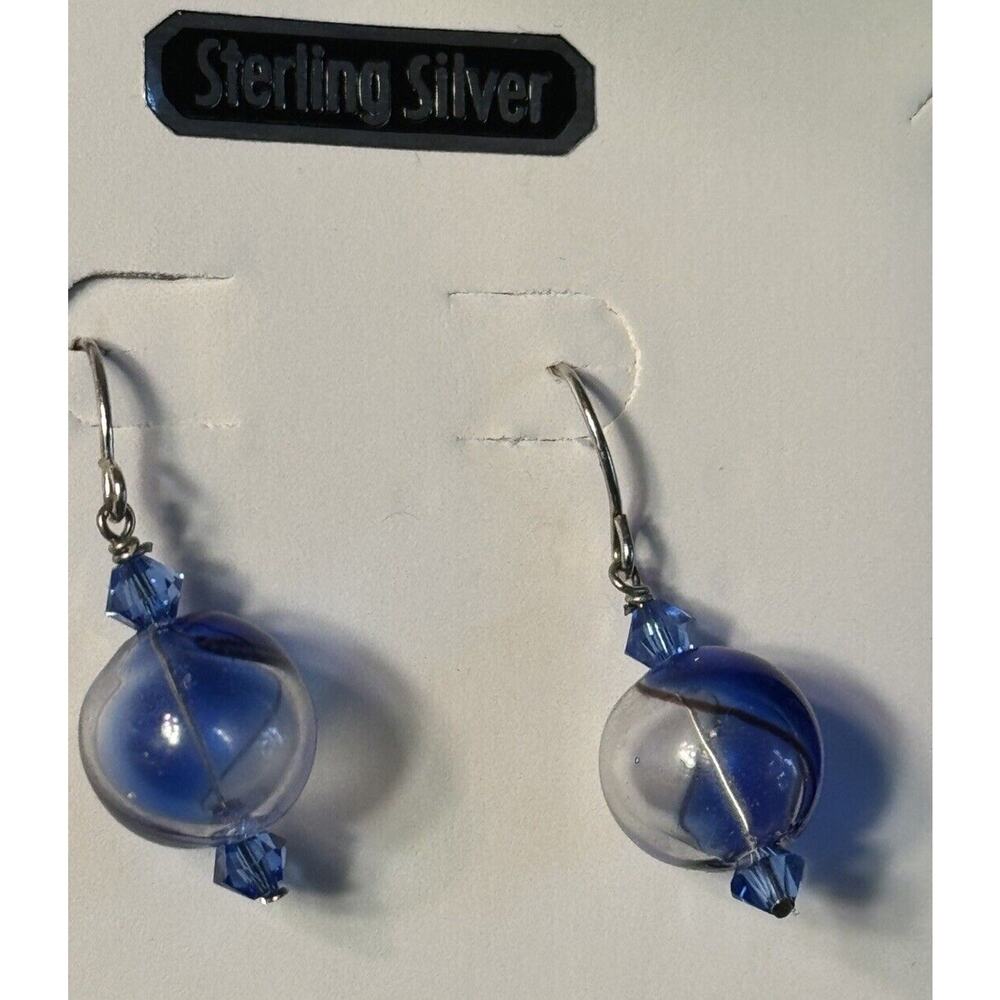 -EARRINGS Sterling Silver Blue &white Hand Blown Orb Earrings - Picture 3 of 3